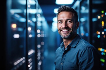 Close portrait of a smiling 40s Bulgarian male IT worker looking at the camera, against dark server room blurred background.