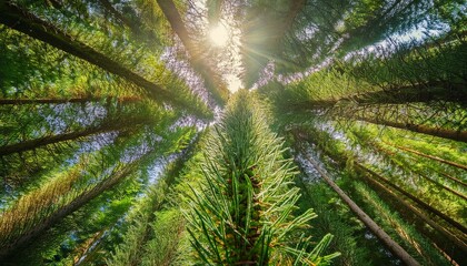 A tranquil view of a forest canopy focusing on green needles, showcasing natural patterns and textures in a detailed, serene composition.