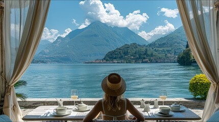 Wall Mural - Woman enjoys lake view from patio.