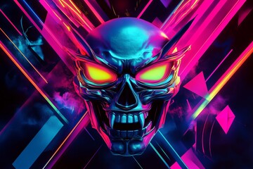 Wall Mural - Neon skull with glowing eyes and sharp teeth, set against vibrant geometric shapes and smoke.