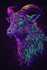 Wall Mural - Neon-colored ram head portrait with vibrant, swirling patterns in dark background.