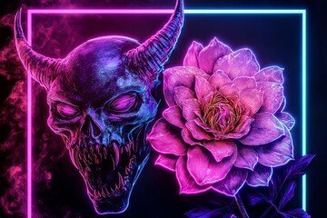 Sticker - Neon-lit demonic skull juxtaposed with a vibrant pink rose, set against a dark background within a glowing square frame.