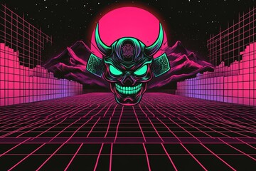 Sticker - Retro-wave styled illustration of a skull wearing a samurai helmet, set against a gridded landscape under a large red sun.