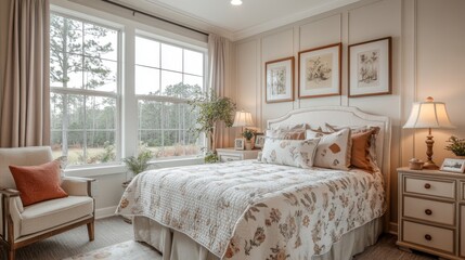 Poster - A well-decorated bedroom features large windows that illuminate the space, showcasing a cozy bed with floral patterns and soft lighting. Potted plants add a natural touch.