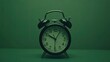 © Sirinya - Close-up of a vintage black alarm clock on a solid green background. Perfect for minimalist time or schedule-related advertising.