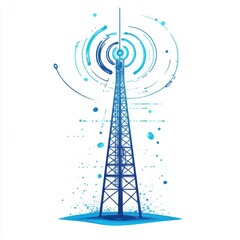 Poster - A blue abstract illustration of a communication tower emitting signal waves.
