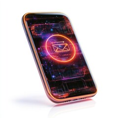 Fototapete - A sleek smartphone displaying a vibrant digital email icon in neon colors against a futuristic background.