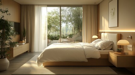 Poster - A spacious bedroom features a neatly made bed with white linens, elegant wooden furniture, and large windows allowing sunlight and fresh air from the garden outside.