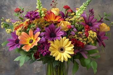 Wall Mural - Colorful bouquet of fresh flowers arranged in a blue glass vase on a dark background