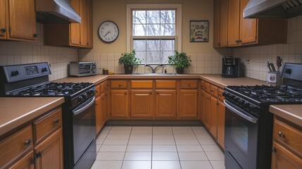 Poster - Bright and spacious kitchen featuring two black ovens, wooden cabinetry, and a window overlooking the outdoors, creating a cozy cooking atmosphere.