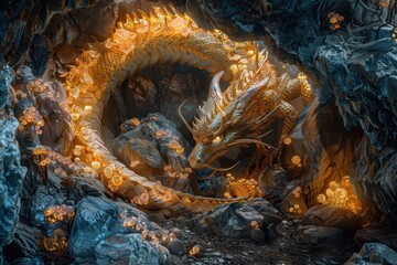 Shimmering Golden Dragon Curled Around Its Hoard in Cave