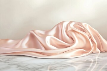 Poster - Elegant pale pink satin fabric draped gracefully over a marble surface, creating a serene and luxurious ambiance.