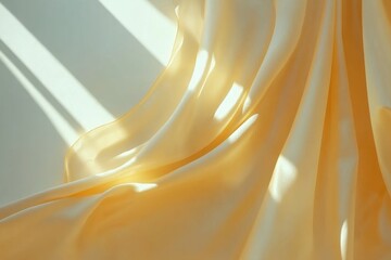 Poster - Soft, flowing yellow satin fabric cascading elegantly, illuminated by gentle sunlight.