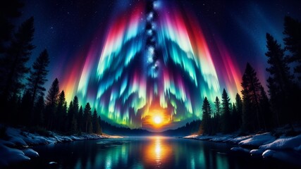 Wall Mural - A beautiful aurora borealis is seen in the sky above a river