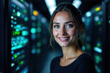 Close portrait of a smiling 40s Kosovar female IT worker looking at the camera, against dark server room blurred background.