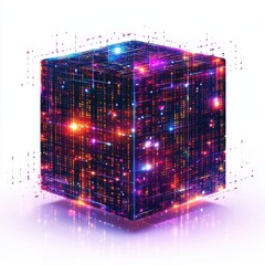 Fototapete - A vibrant, glowing 3D cube filled with colorful digital patterns, representing data and technology.