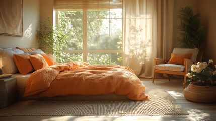 Poster - A serene bedroom features a large bed with orange bedding. Sunlight filters through sheer curtains, illuminating the space filled with plants and cozy furnishings.