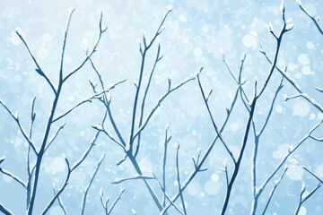 Poster - Delicate snow-covered branches against a soft blue background create a serene winter landscape.
