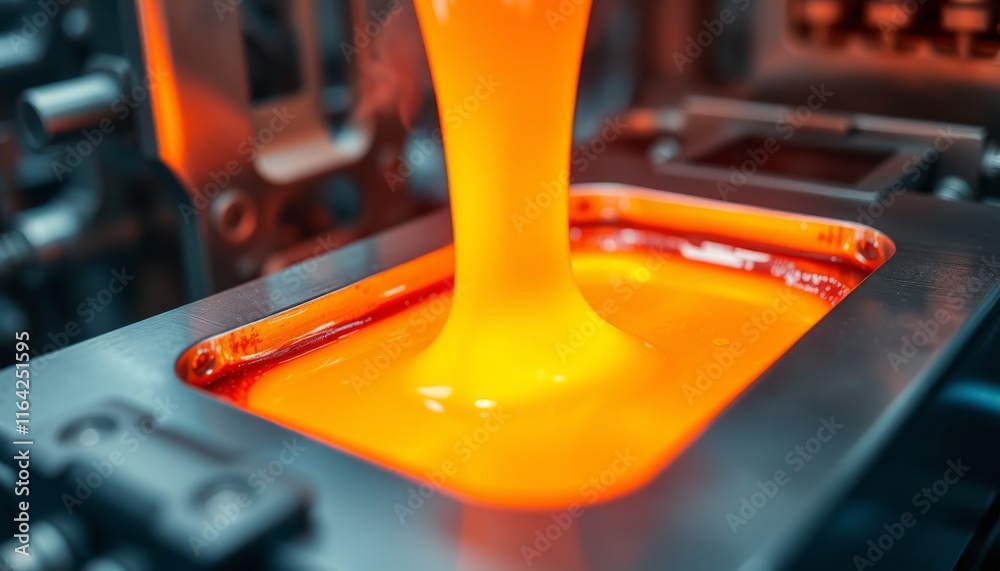 Molten Metal Flow. Close-up of glowing orange liquid metal being poured ...