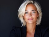 A woman with blonde hair and blue eyes posing for a picture