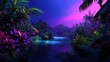 © tanapat - A vibrant, surreal landscape featuring lush vegetation, a tranquil water body, and a mesmerizing twilight sky in shades of purple and blue.