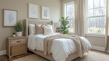 Aufkleber - Soft, natural light fills this cozy bedroom featuring a comfortable bed dressed in white linens and a chunky knit throw. Minimalist decor and greenery enhance the calming atmosphere.