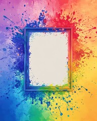Poster - An empty frame surrounded by a vibrant rainbow of paint splashes, inviting creativity and imagination.