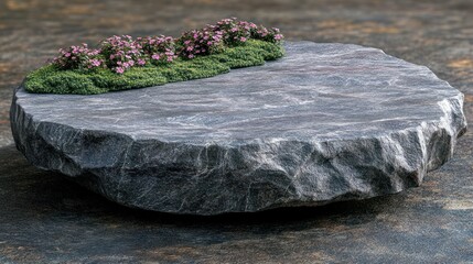 Poster - A flat stone with greenery and flowers on top.