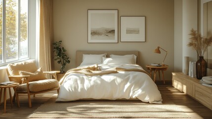Aufkleber - A stylish bedroom showcases a large bed dressed in white linens, surrounded by natural light from large windows. Soft furnishings and minimalistic decor create a warm atmosphere.