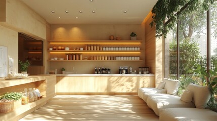 Fototapete - Bright and inviting cafe space featuring wooden furniture and shelves stocked with jars. Natural light streams in, highlighting the lush plants and comfortable seating for relaxation.