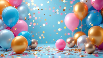 A set of colorful balloons in the air with glitter and sparkles against a blurred background in shades of blue and gold. Concept of celebrations, New Year's