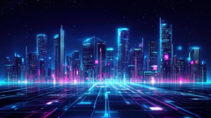 cityscape with space and neon light effect. Modern hi-tech, science, futuristic technology concept. Abstract digital high tech city design for banner background