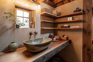 Sticker - Rustic Bathroom Vanity With Earthenware Sink and Wooden Shelves