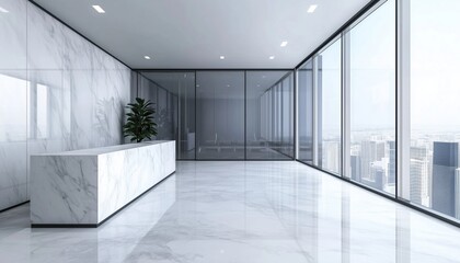 Poster - Luxurious Office Hall With Panoramic Windows, Glass Walls Of Meeting Rooms, And Marble Reception Counter On The Left. Visualization. Sample.