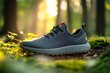© natalia - A grey and orange trail running shoe rests on a mossy forest floor, bathed in golden sunlight.