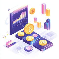 Poster - A vibrant digital illustration showcasing cryptocurrency with bitcoins and bar graphs depicting market trends.