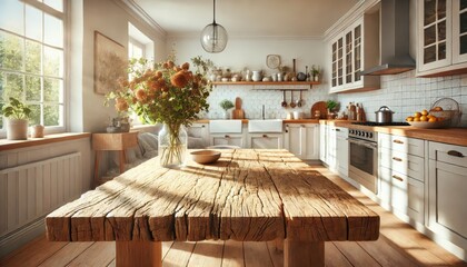 Cozy rustic kitchen with wooden table, natural lighting, and floral decor, ideal for home, lifestyle, and interior designs.