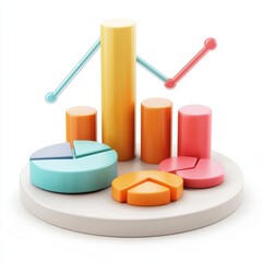 Poster - Colorful 3D data visualization with bar and pie charts, creating a lively and informative presentation.