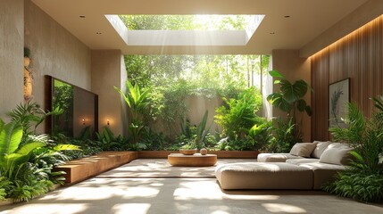 Poster - Sunlight streams through a skylight in a contemporary living room, highlighting various vibrant green plants.