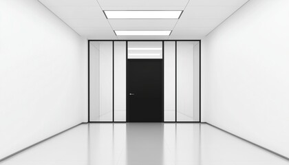 Poster - White And Glass Walls Enhance The Minimalist Look Of A Desolate Office Corridor Leading To A Stylish Meeting Room. 3d Rendering. Visual Concept.
