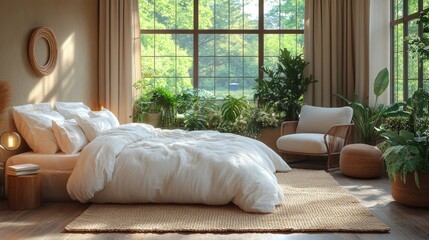 Poster - A bright bedroom features a large window that lets in natural light, surrounded by various indoor plants, creating a peaceful atmosphere perfect for relaxation.