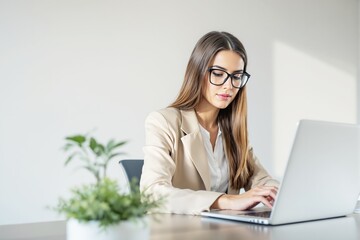Poster - Woman working on laptop in modern office with natural light background.