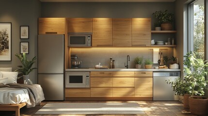 Aufkleber - A stylish kitchen features wooden cabinetry, stainless steel appliances, and a well-lit interior with plants and natural light, creating a warm atmosphere.