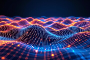 Poster - Abstract glowing grid waves with vibrant lights on a dark background.