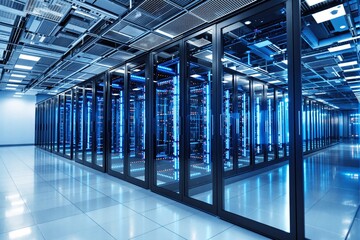 Aufkleber - Modern data center with blue glowing servers in a futuristic environment.