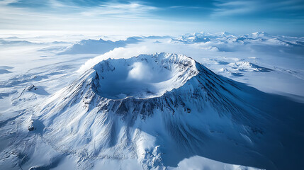 Wall Mural - stunning aerial view of snow covered volcano in Antarctica, showcasing its majestic crater surrounded by icy landscapes and distant mountains. scene evokes sense of wonder and tranquility