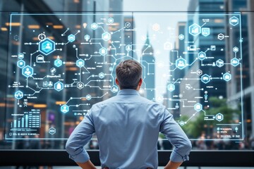 Aufkleber - Businessman analyzing digital interface with data network on futuristic screen in urban background.