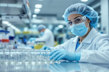 Poster - Female scientist in protective gear working in a laboratory with focus on research activity in a professional scientific environment.
