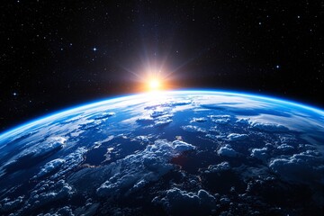 Poster - Stunning sunrise over Earth's horizon from space, with visible clouds and vibrant light illuminating the atmosphere.