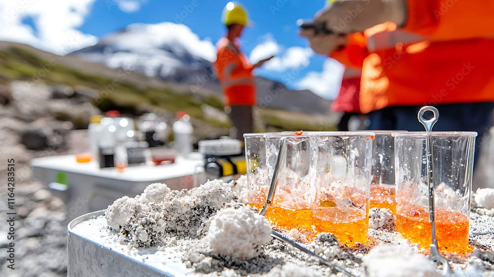 Volcanic Sample Collection Laboratory equipment on field table with volcanic ash and samples Stock ...